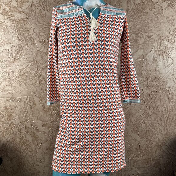 G. Wonder Geometric Tunic Dress XXS Multicolor Tassell Neck 3/4 Sleeve - Picture 1 of 6